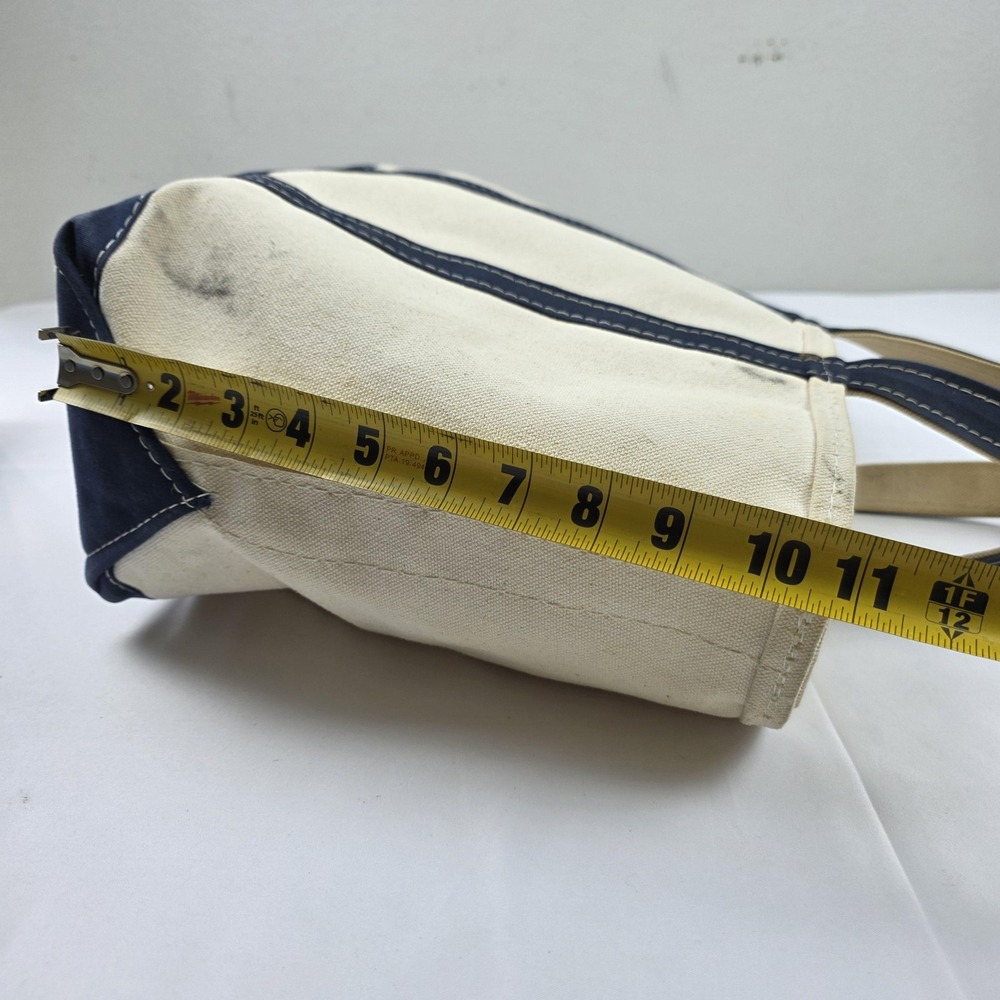 L.L. Bean Boat And Tote Bag Womens Small Beige Blue Canvas Zip Top Beach Casual - Picture 8 of 14